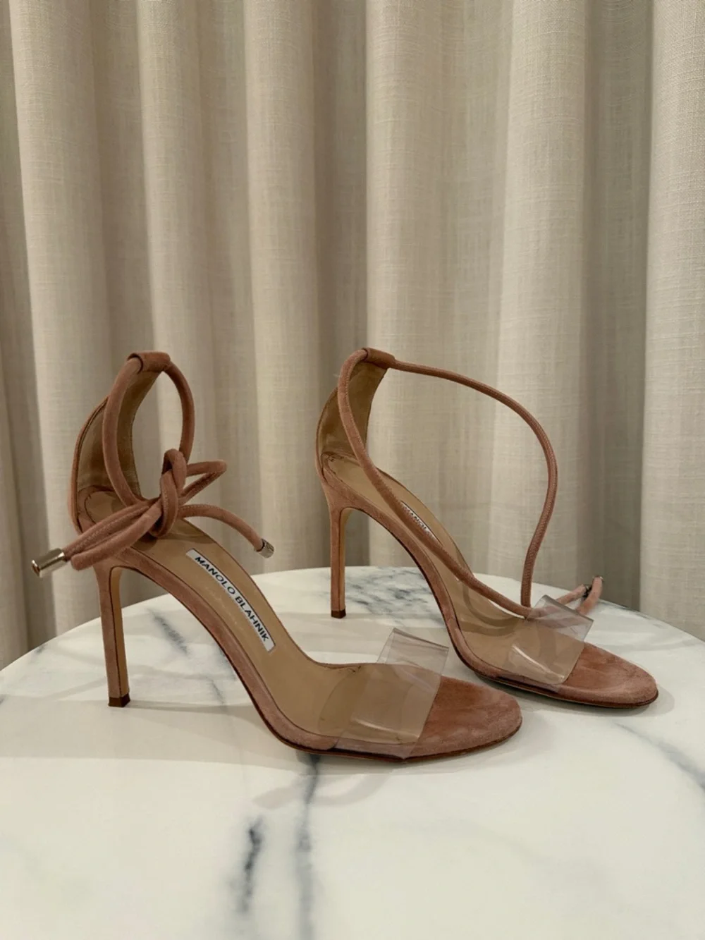 Manolo Blahnik Tan Suede & Clear PVC Ankle-Tie Sandals - Picture 3 of 8